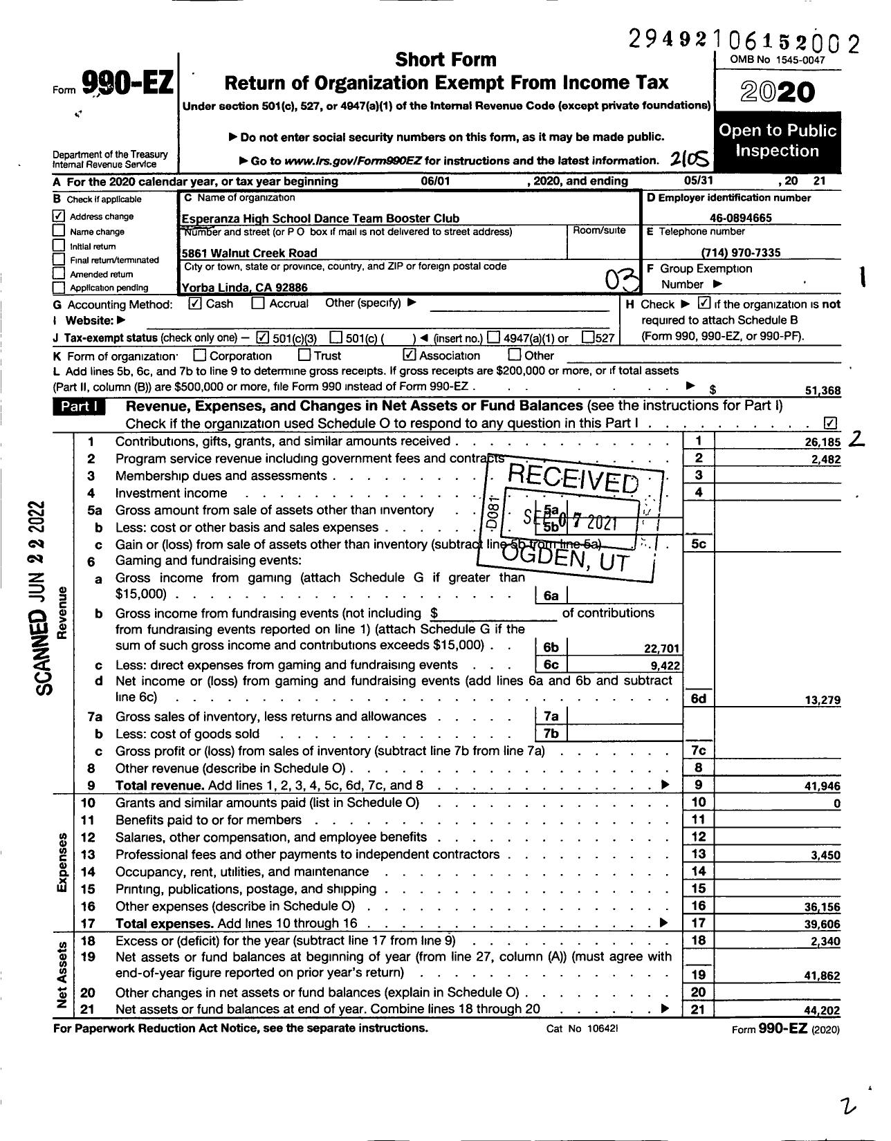 Image of first page of 2020 Form 990EZ for Esperanza High School Dance Team Booster Club