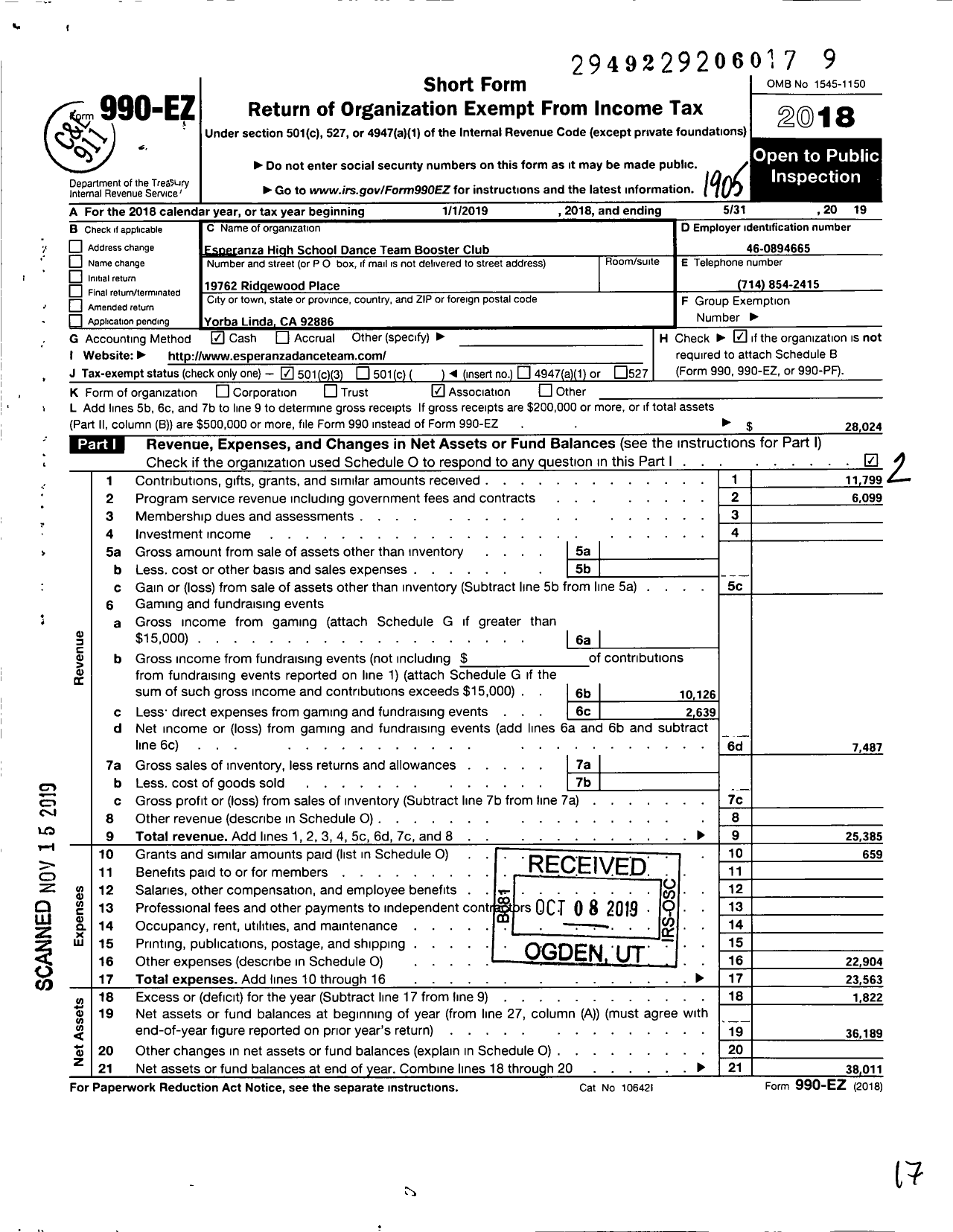 Image of first page of 2018 Form 990EZ for Esperanza High School Dance Team Booster Club