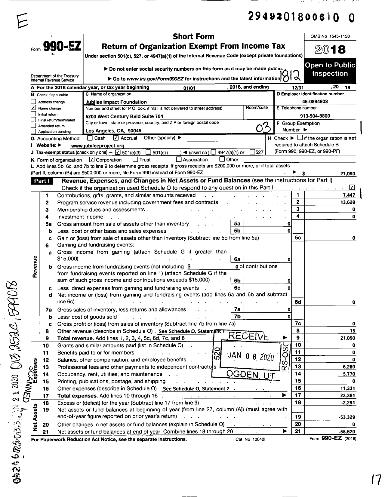 Image of first page of 2018 Form 990EZ for Jubilee Impact Foundation