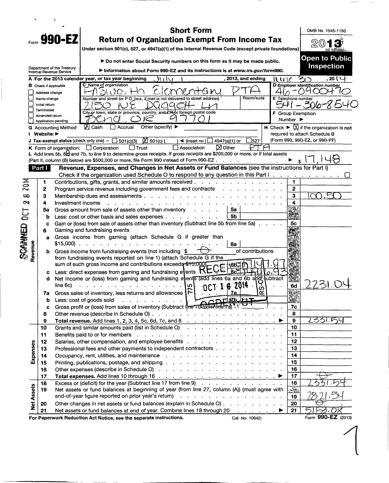 Image of first page of 2013 Form 990EO for PTA Oregon Congress / Ensworth Elementary PTA