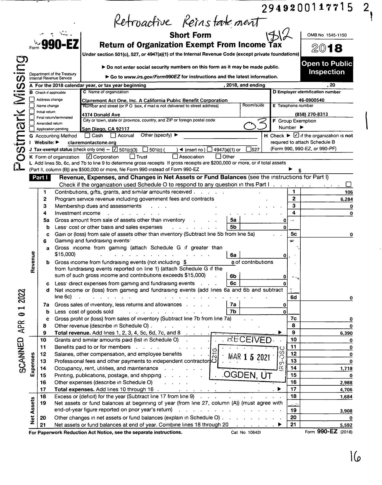 Image of first page of 2018 Form 990EZ for Clairemont Act One A California Nonprofit Public Benefit Corporation