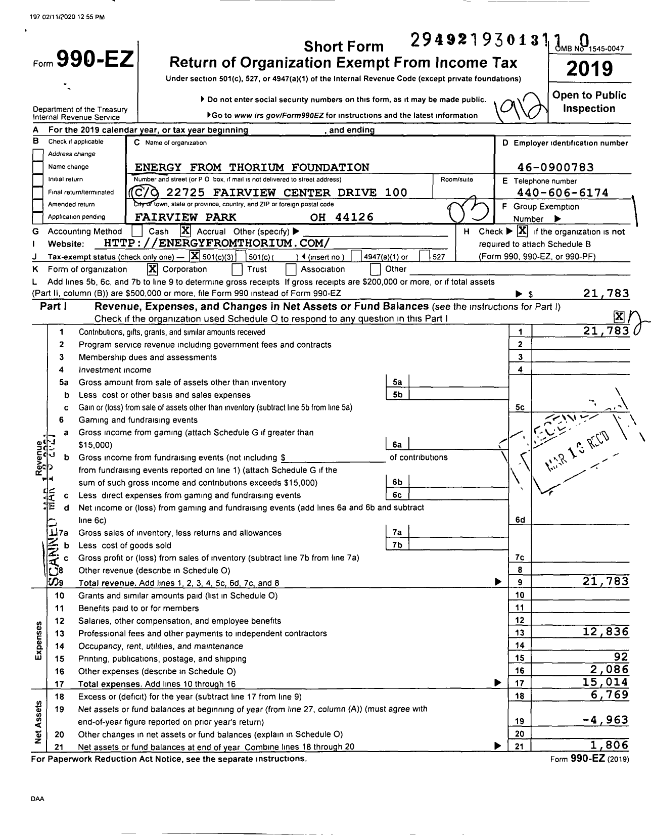 Image of first page of 2019 Form 990EZ for Energy From Thorium Foundation