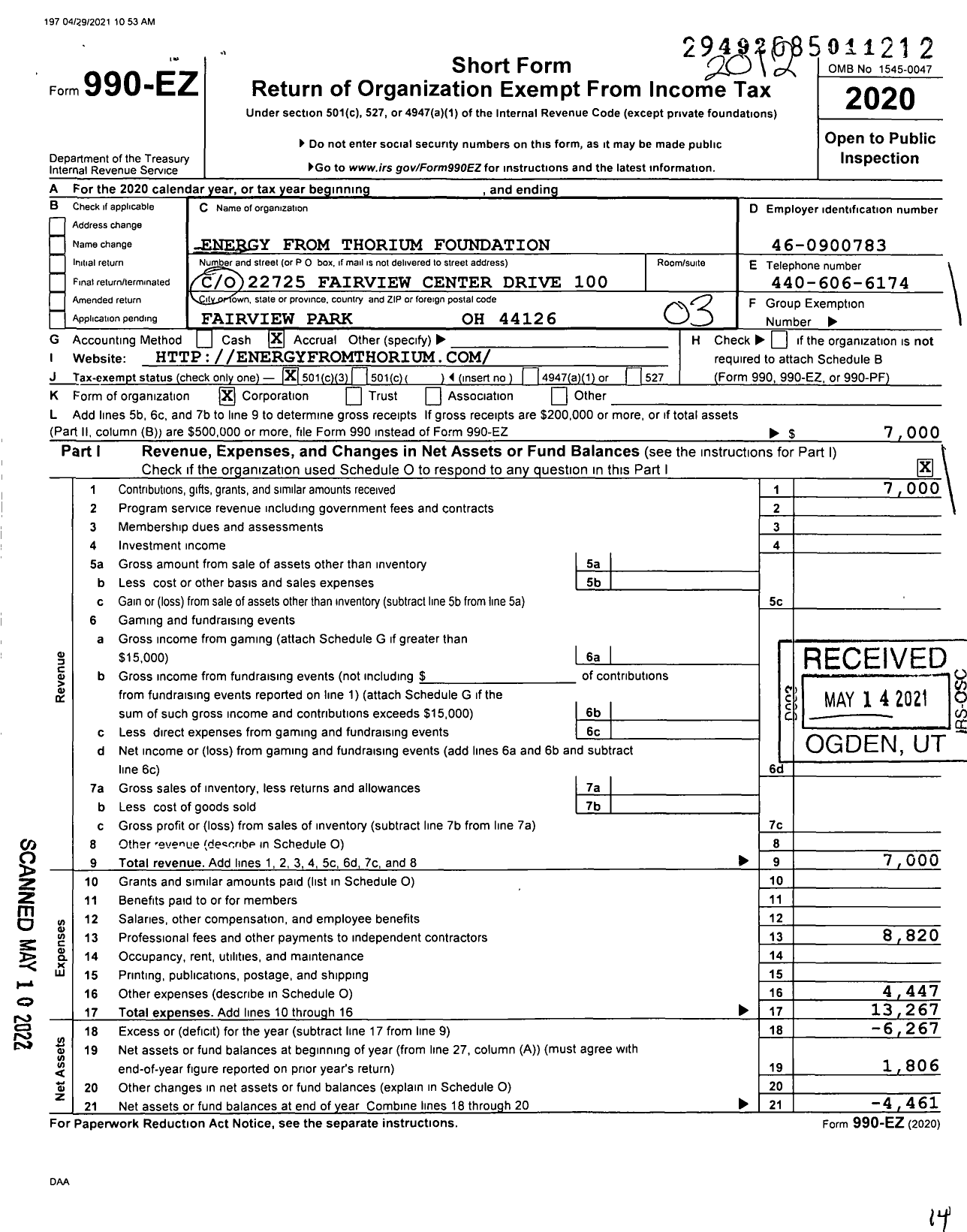 Image of first page of 2020 Form 990EZ for Energy From Thorium Foundation