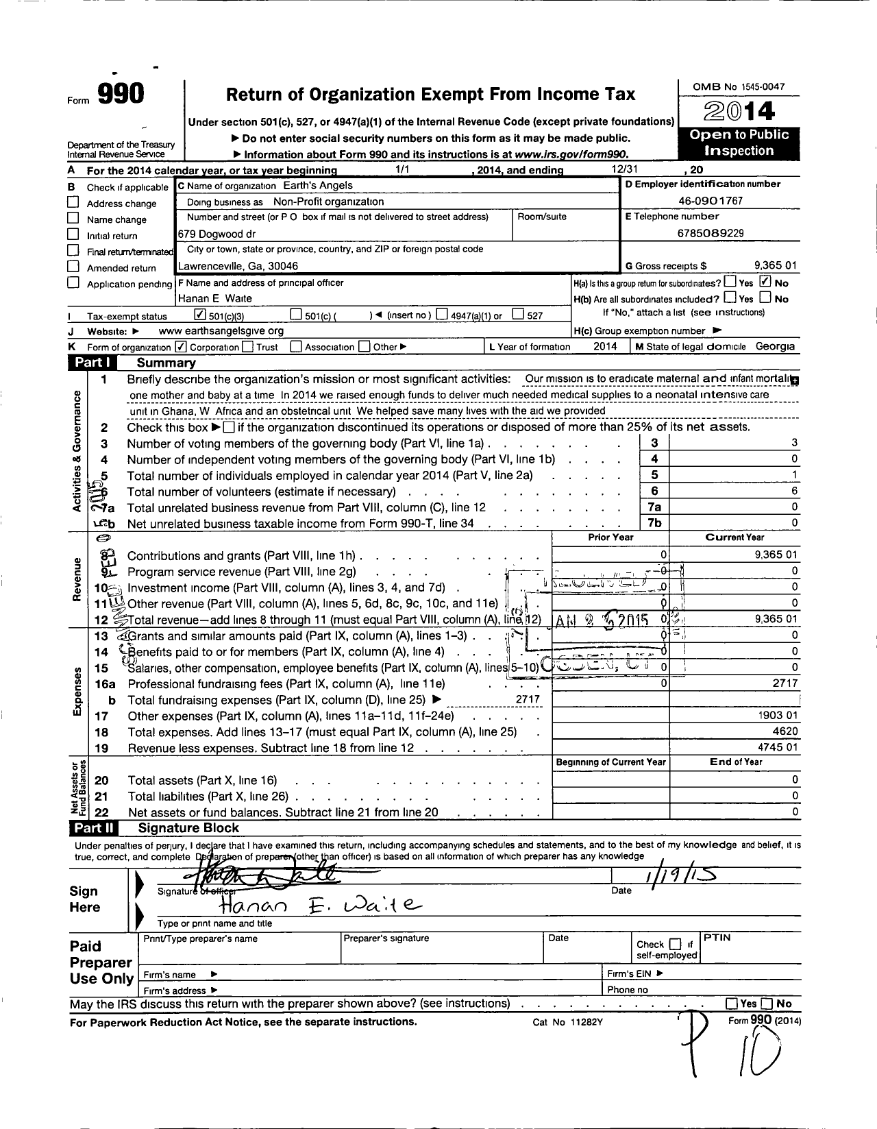 Image of first page of 2014 Form 990 for Earths Angels