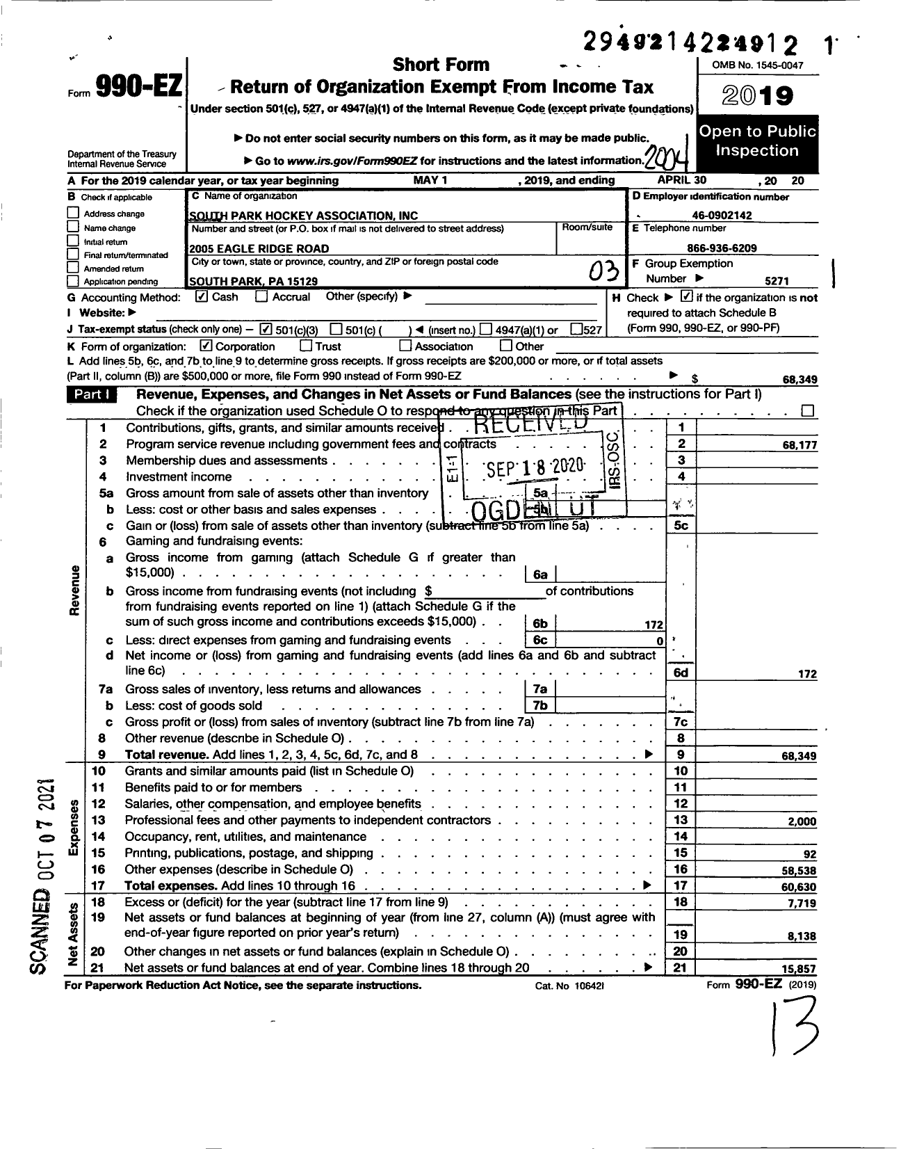 Image of first page of 2019 Form 990EZ for South Park Hockey Association