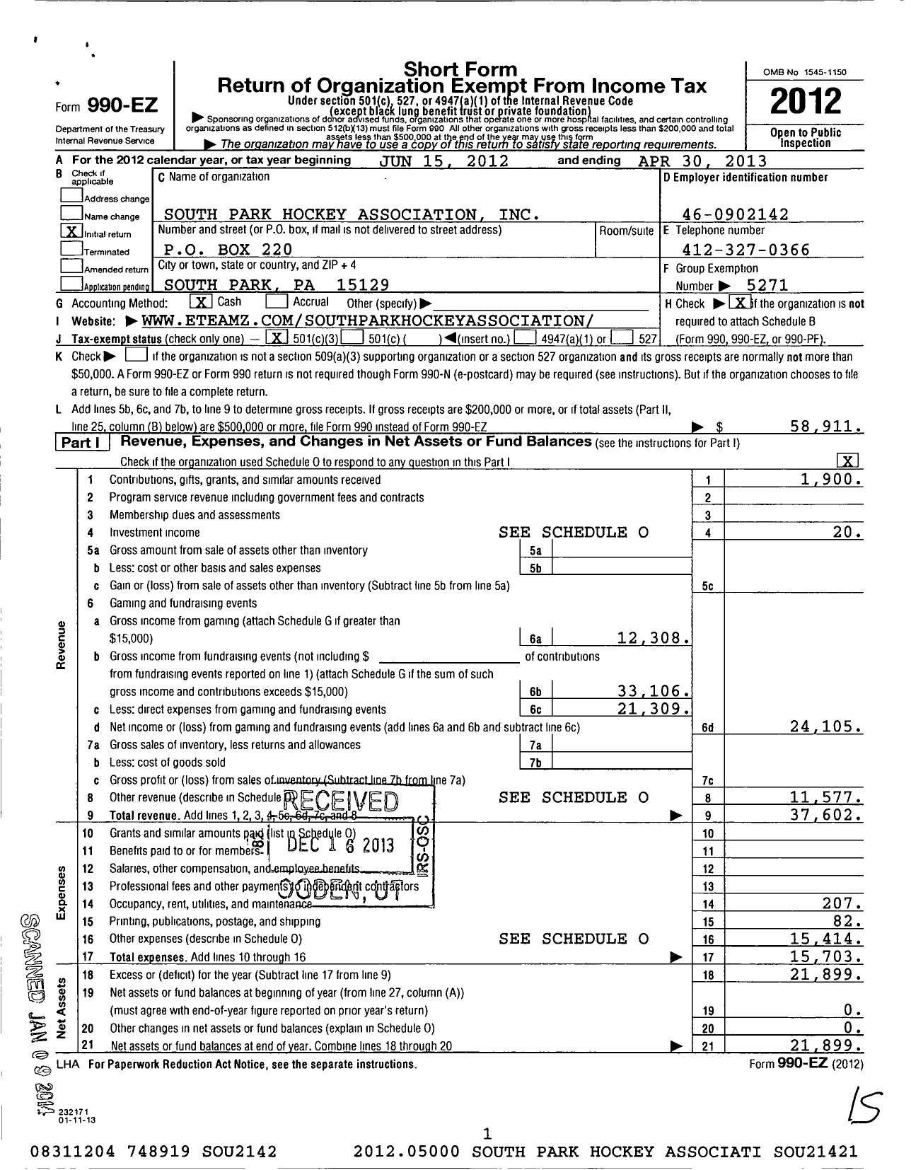 Image of first page of 2012 Form 990EZ for South Park Hockey Association