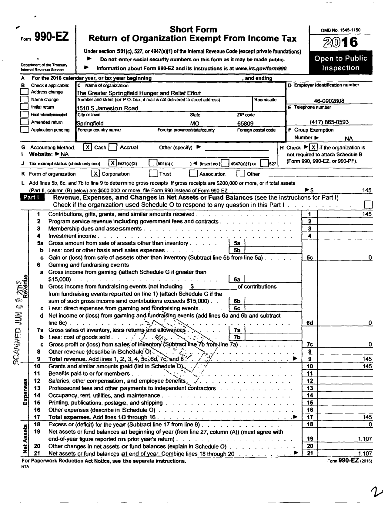 Image of first page of 2016 Form 990EZ for Greater Springfield Hunger and Relief Effort