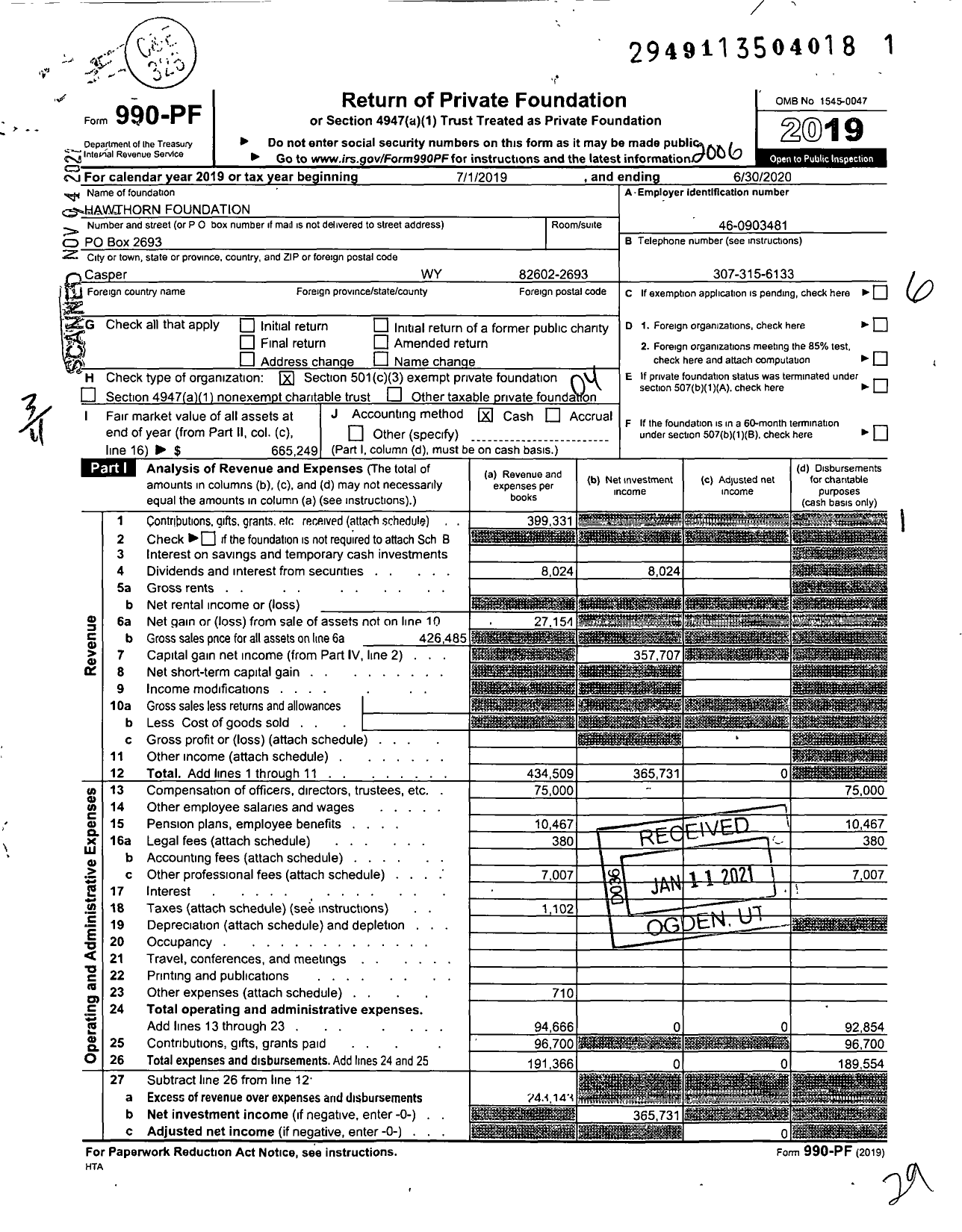 Image of first page of 2019 Form 990PF for Hawthorn Foundation