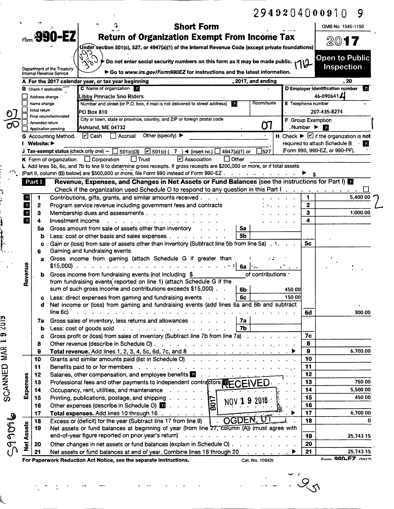 Image of first page of 2017 Form 990EO for Libby Pinnacle Sno Riders