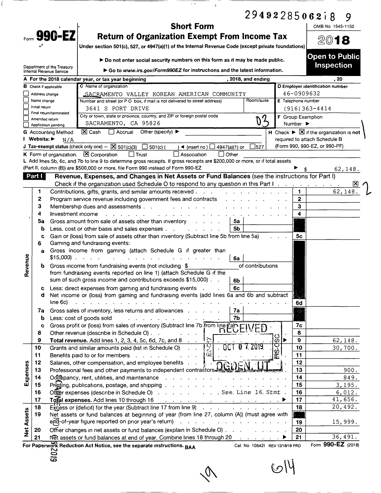 Image of first page of 2018 Form 990EZ for Sacramento Valley Korean American Community