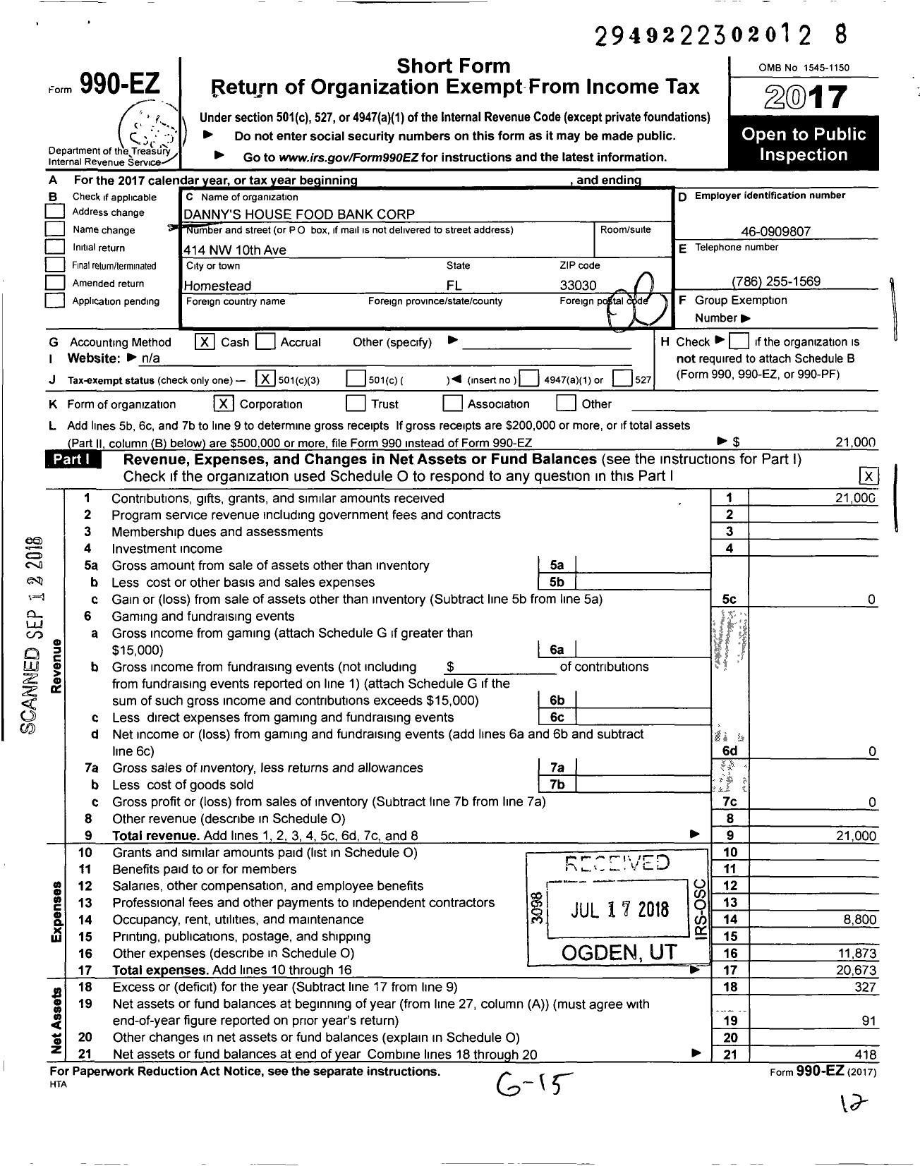 Image of first page of 2017 Form 990EZ for Danny's House Food Bank Corporation