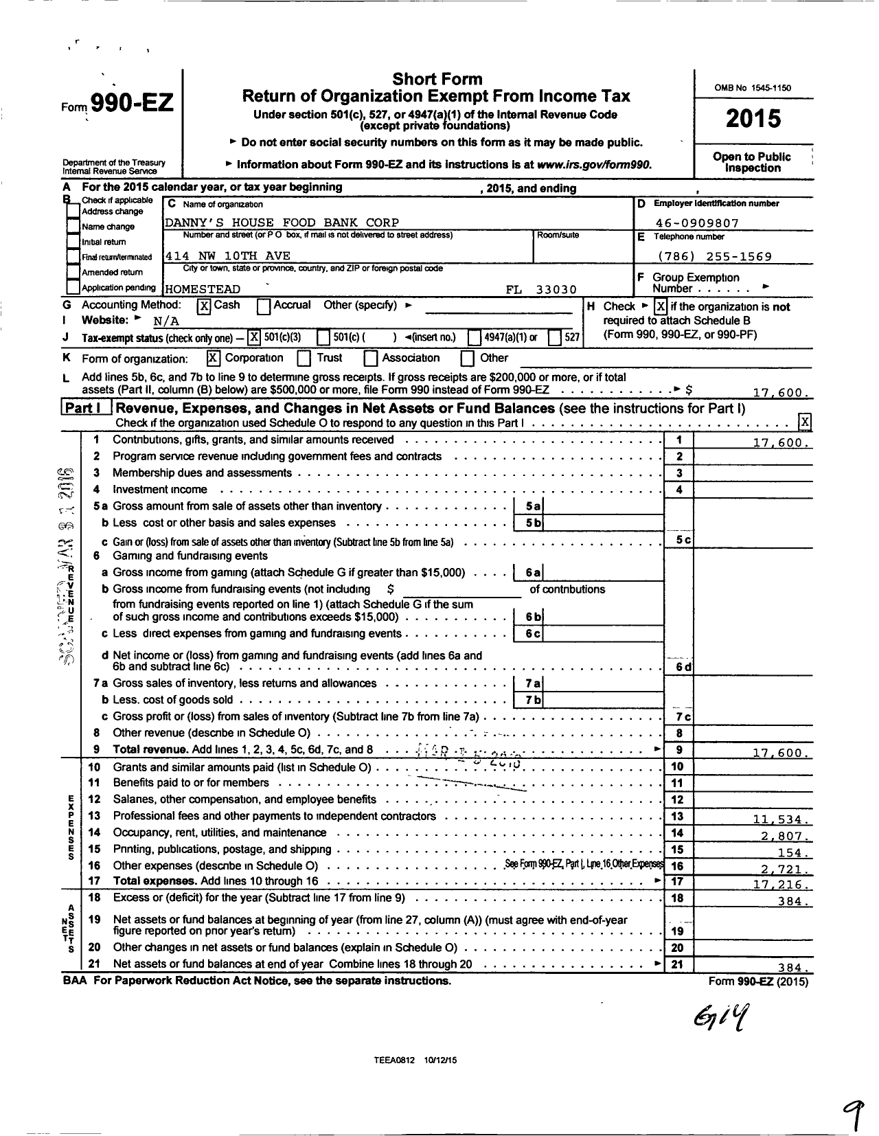 Image of first page of 2015 Form 990EZ for Danny's House Food Bank Corporation