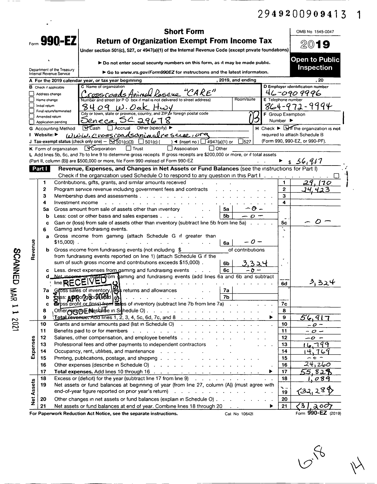 Image of first page of 2019 Form 990EZ for Crossroads Animal Rescue (CARE)