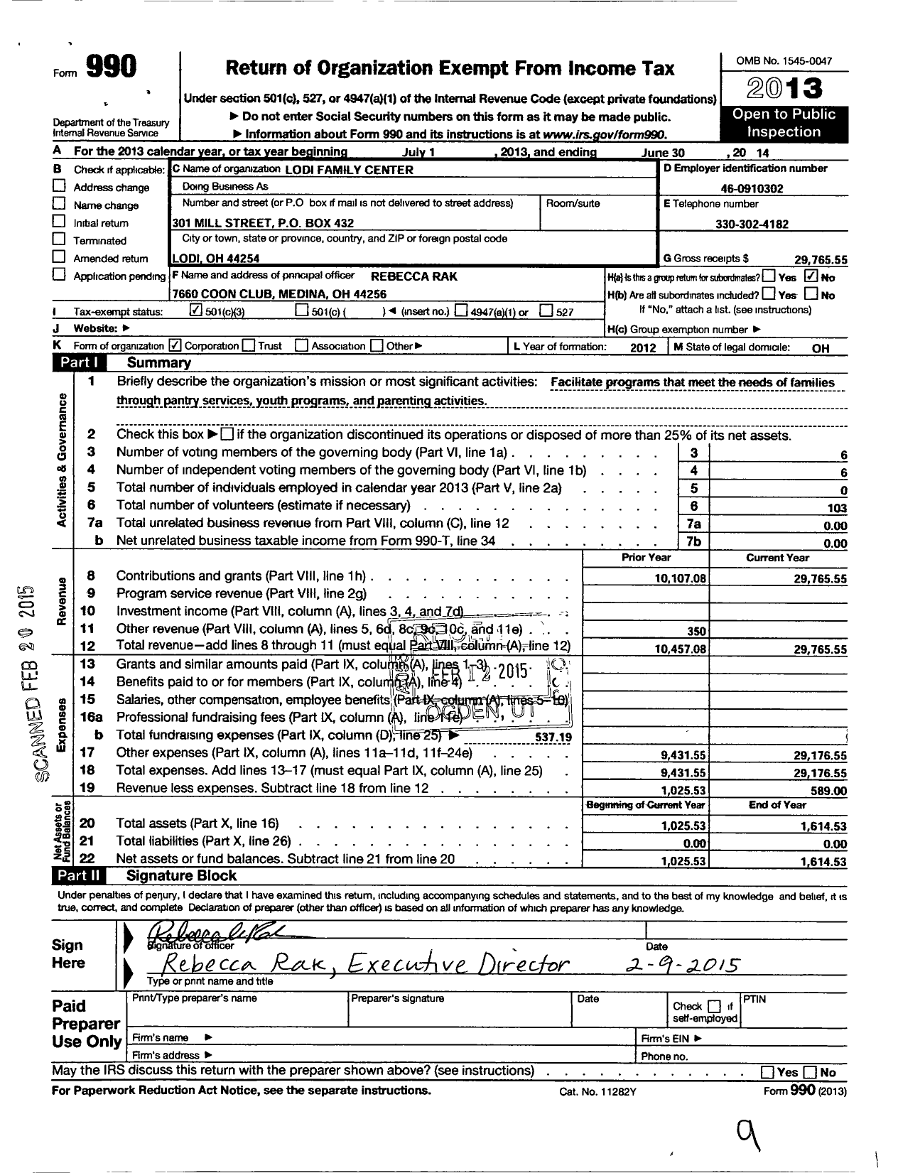 Image of first page of 2013 Form 990 for Lodi Family Center