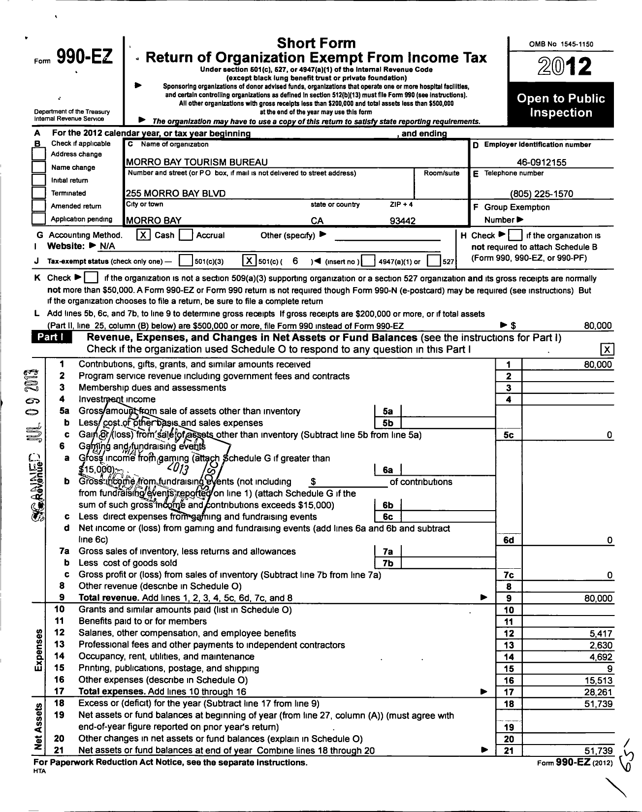 Image of first page of 2012 Form 990EO for Morro Bay Tourism Bureau