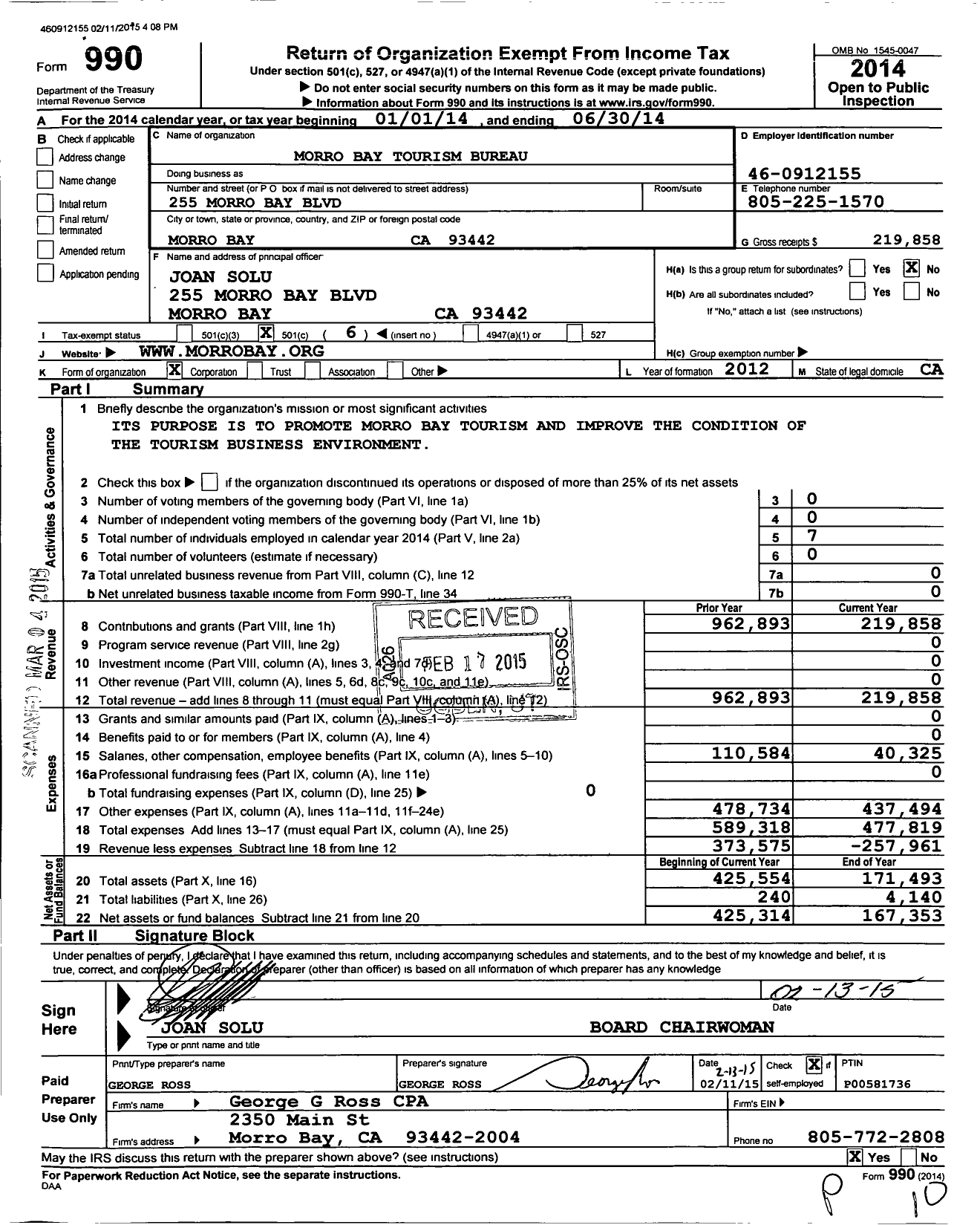 Image of first page of 2013 Form 990O for Morro Bay Tourism Bureau