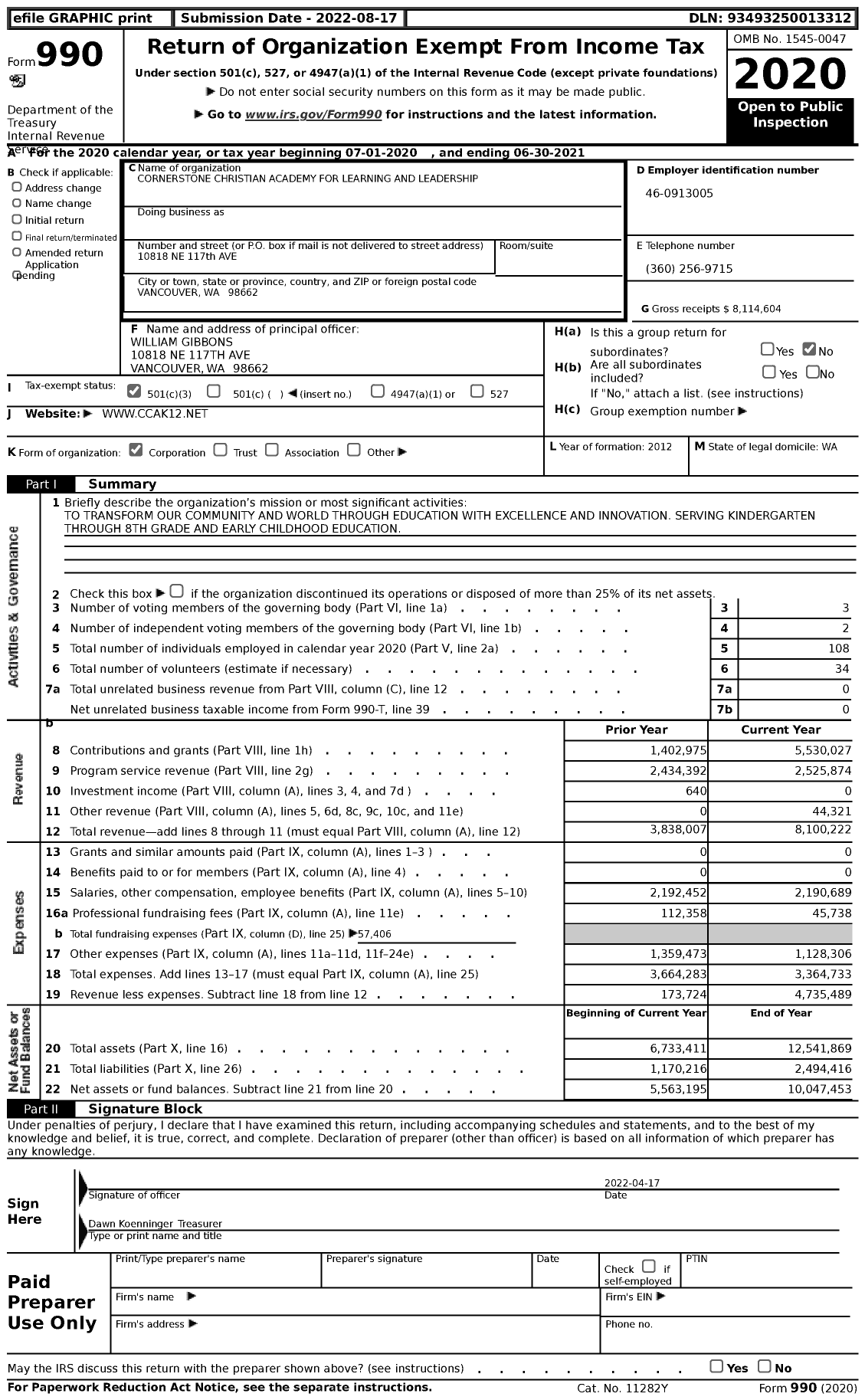 Image of first page of 2020 Form 990 for Cornerstone Christian Academy for Learning and Leadership