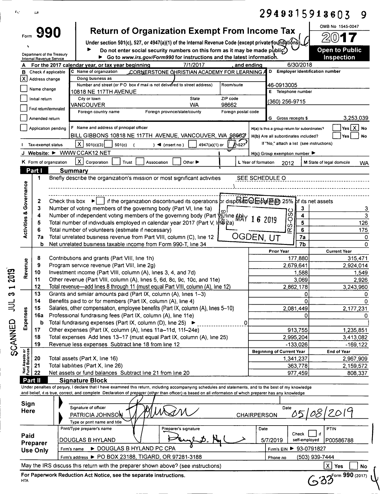 Image of first page of 2017 Form 990 for Cornerstone Christian Academy for Learning and Leadership