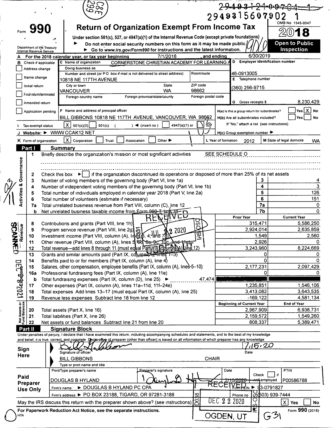 Image of first page of 2018 Form 990 for Cornerstone Christian Academy for Learning and Leadership