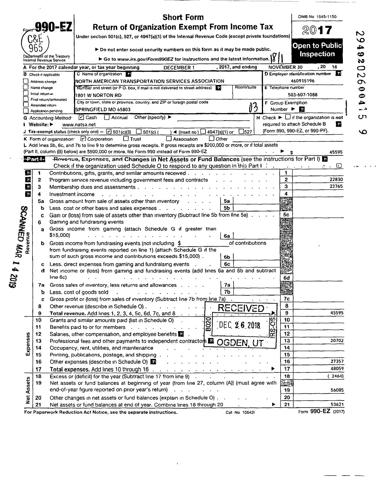 Image of first page of 2017 Form 990EZ for North American Transporation Services Assciation