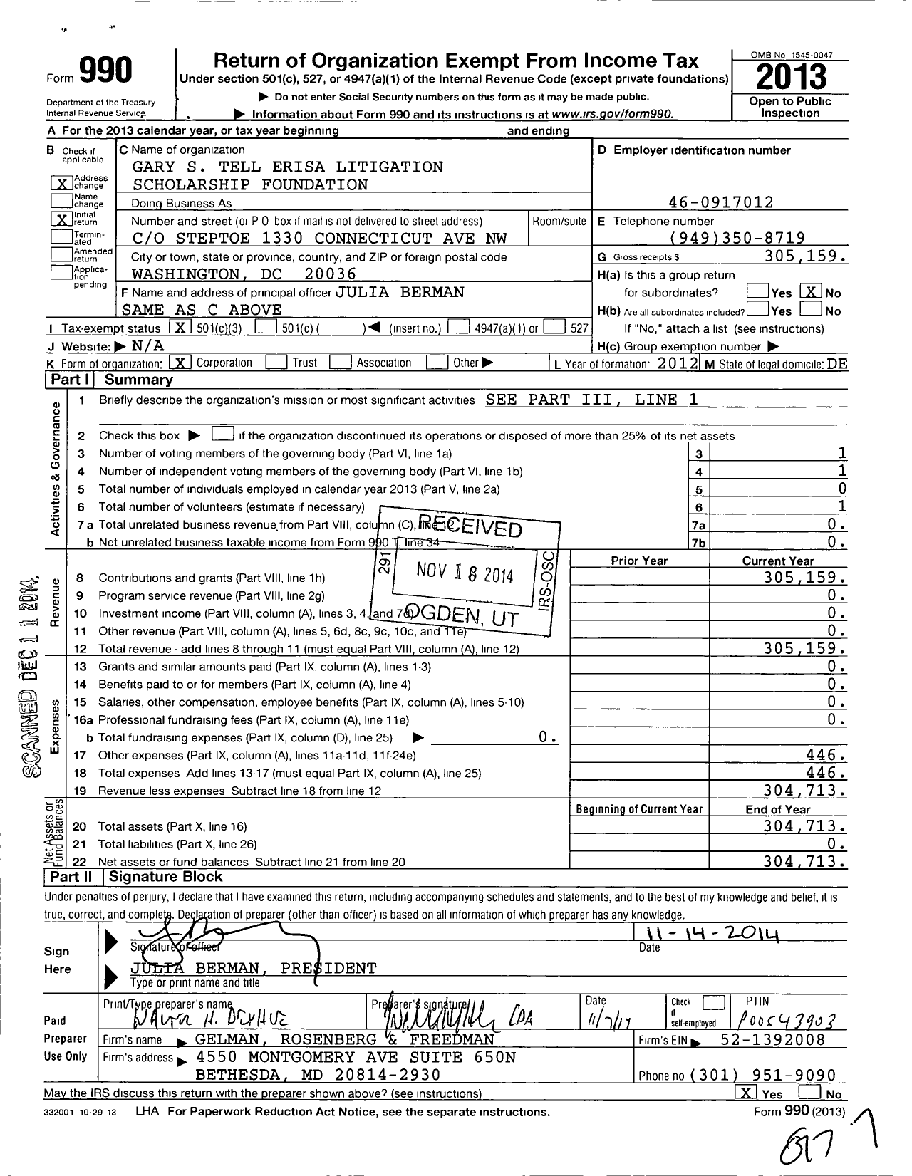 Image of first page of 2013 Form 990 for Gary S Tell Erisa Litigation Scholarship Foundation