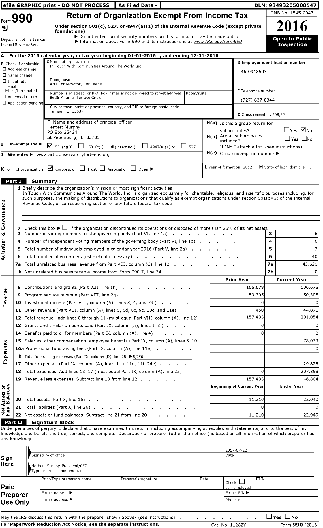 Image of first page of 2016 Form 990 for In Touch With Communities Around The World Arts Conservatory for Teens