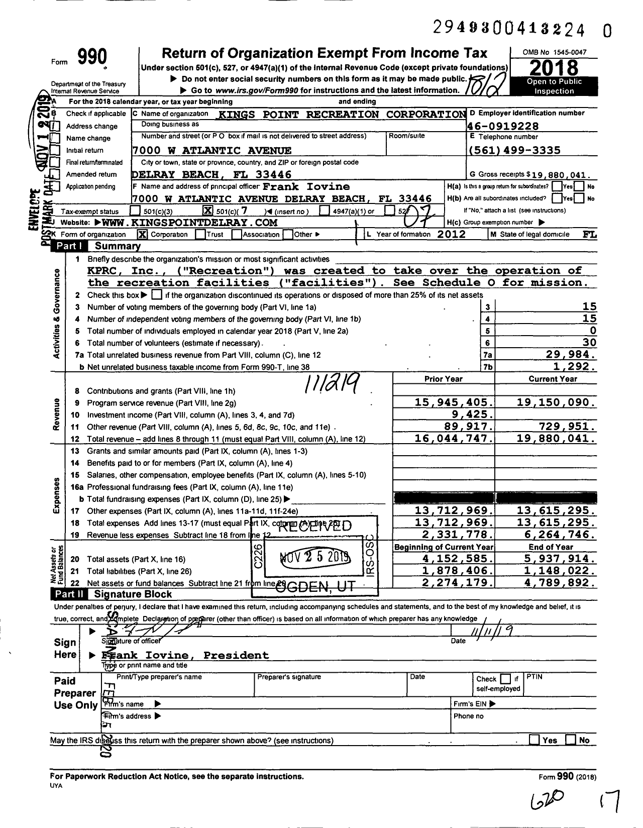 Image of first page of 2018 Form 990O for Kings Point Recreation Corporation