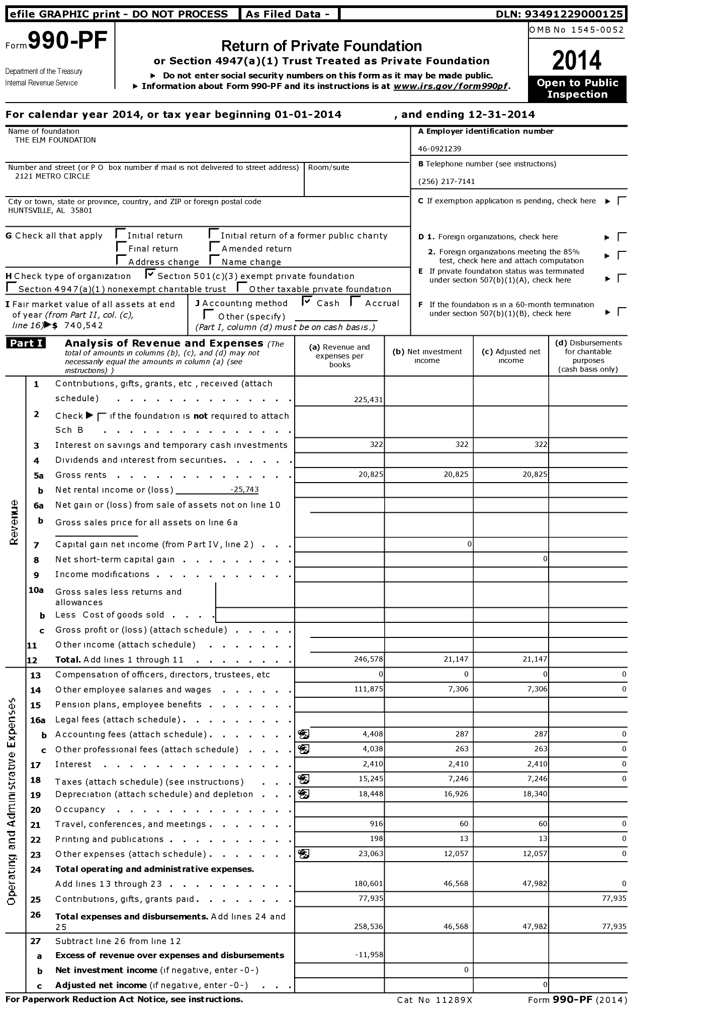 Image of first page of 2014 Form 990PF for The Elm Foundation