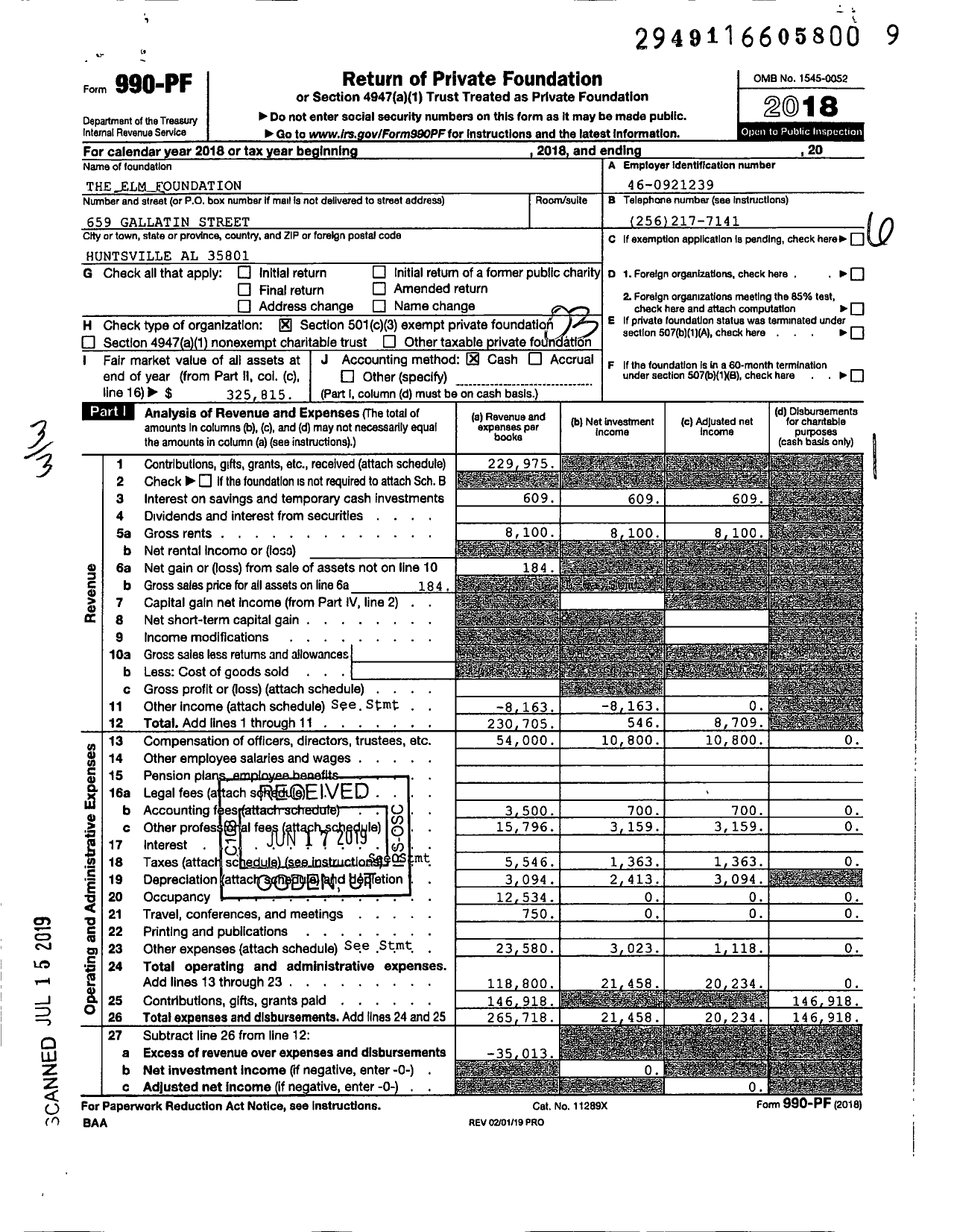 Image of first page of 2018 Form 990PF for The Elm Foundation