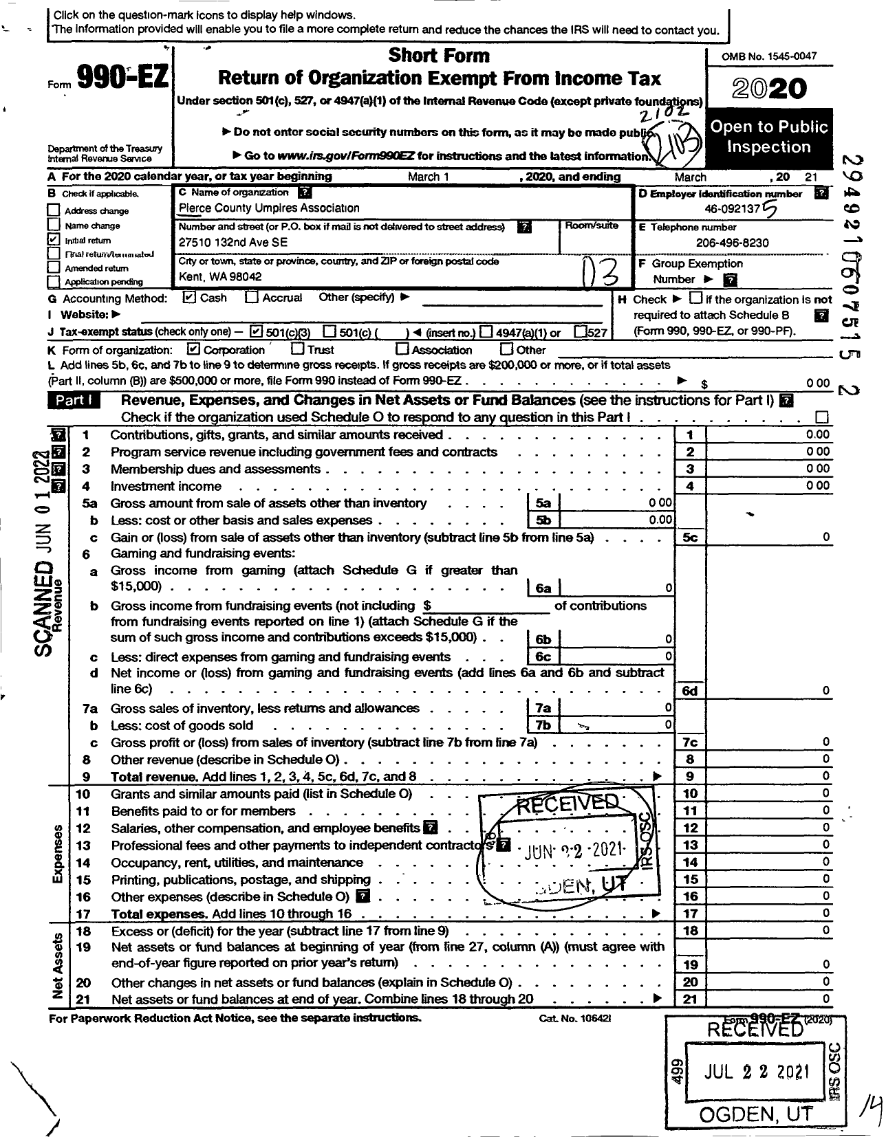 Image of first page of 2020 Form 990EZ for Pierce County Umpires Association