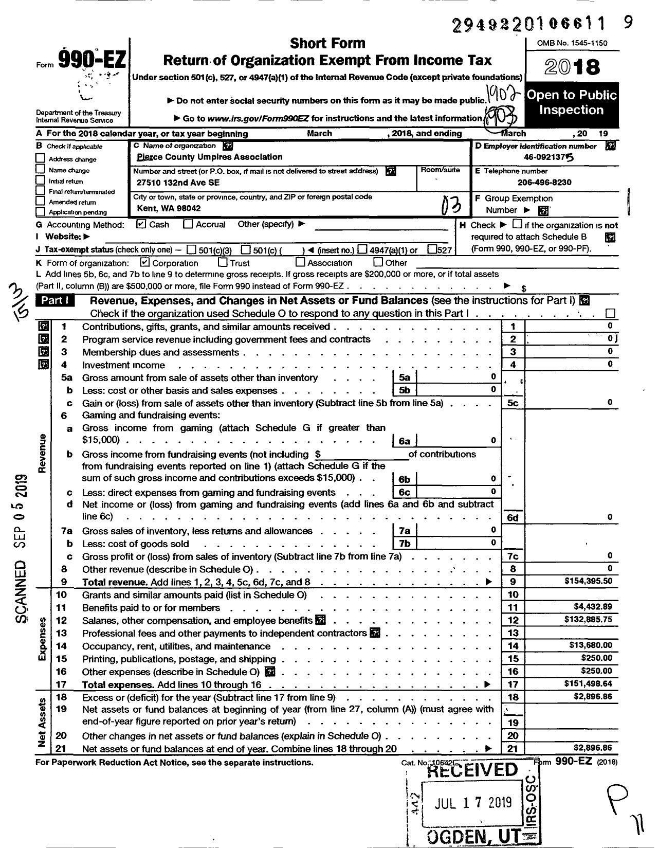 Image of first page of 2018 Form 990EZ for Pierce County Umpires Association