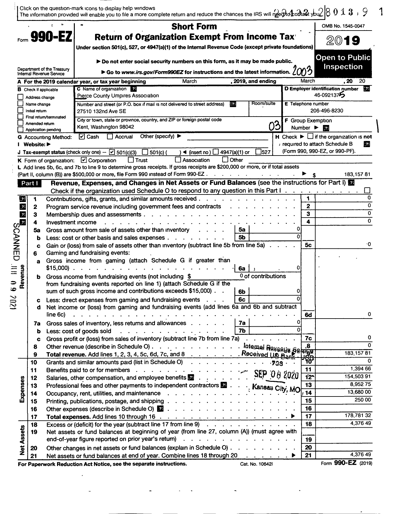 Image of first page of 2019 Form 990EZ for Pierce County Umpires Association