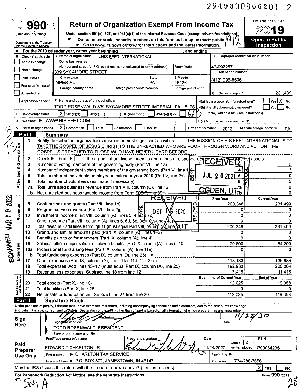 Image of first page of 2019 Form 990 for His Feet International