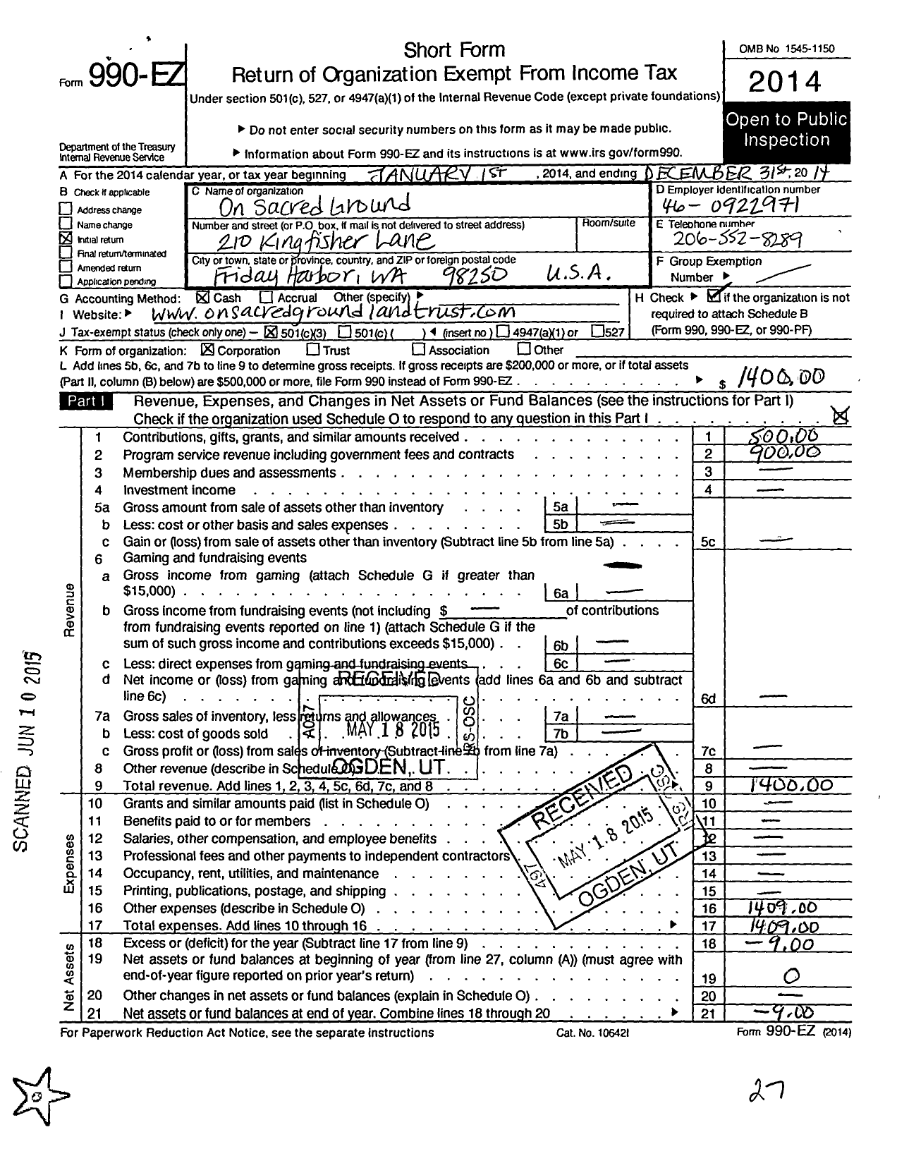 Image of first page of 2014 Form 990EZ for On Sacred Ground