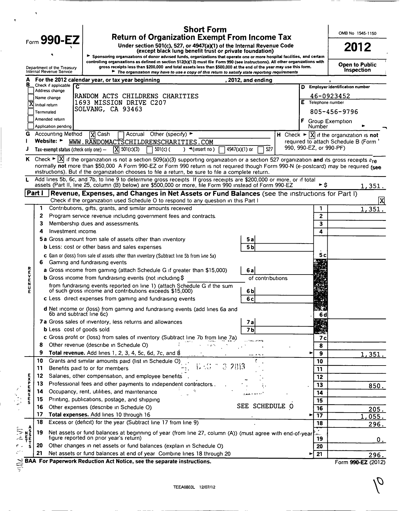 Image of first page of 2012 Form 990EZ for Random Acts Childrens Charities
