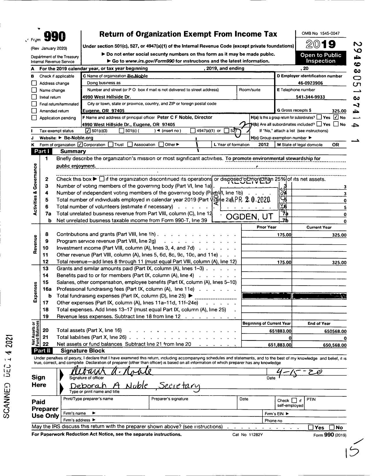 Image of first page of 2019 Form 990 for Be Noble