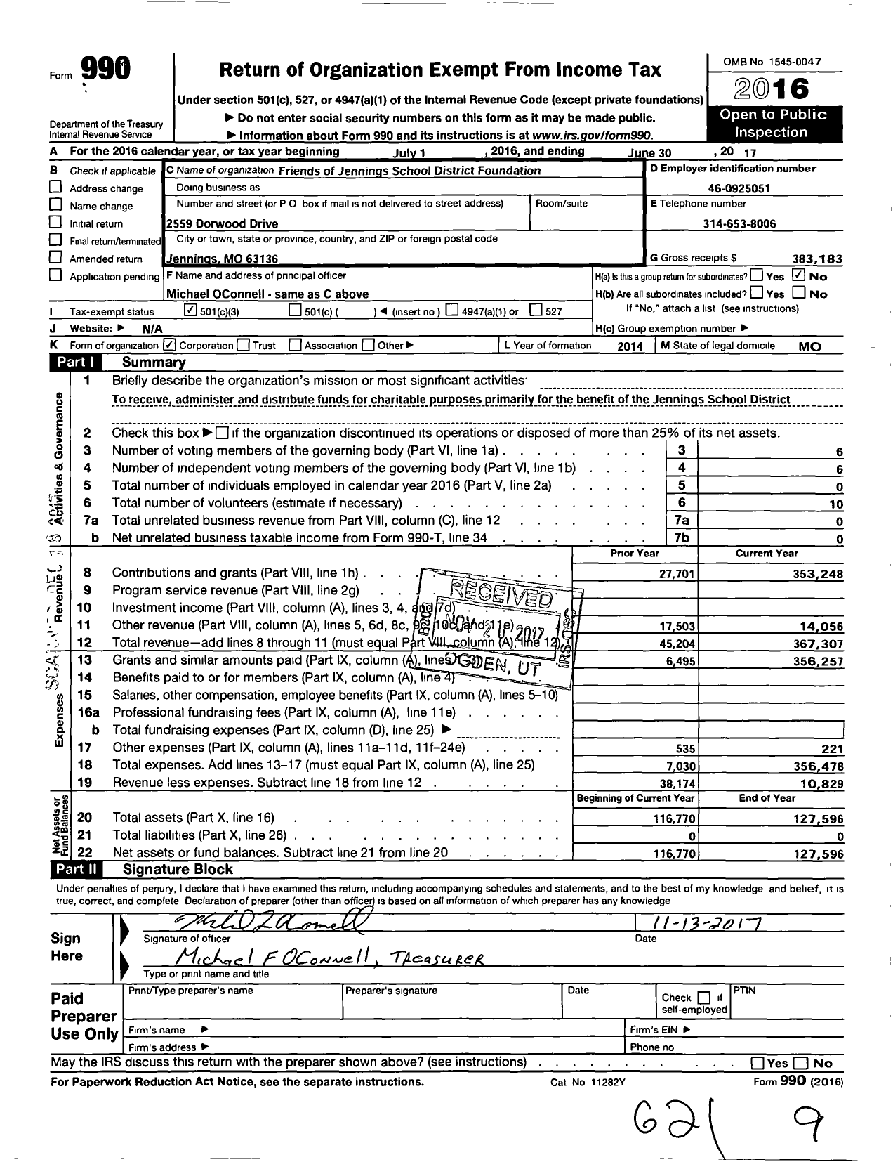 Image of first page of 2016 Form 990 for Friends of Jennings School District Foundation
