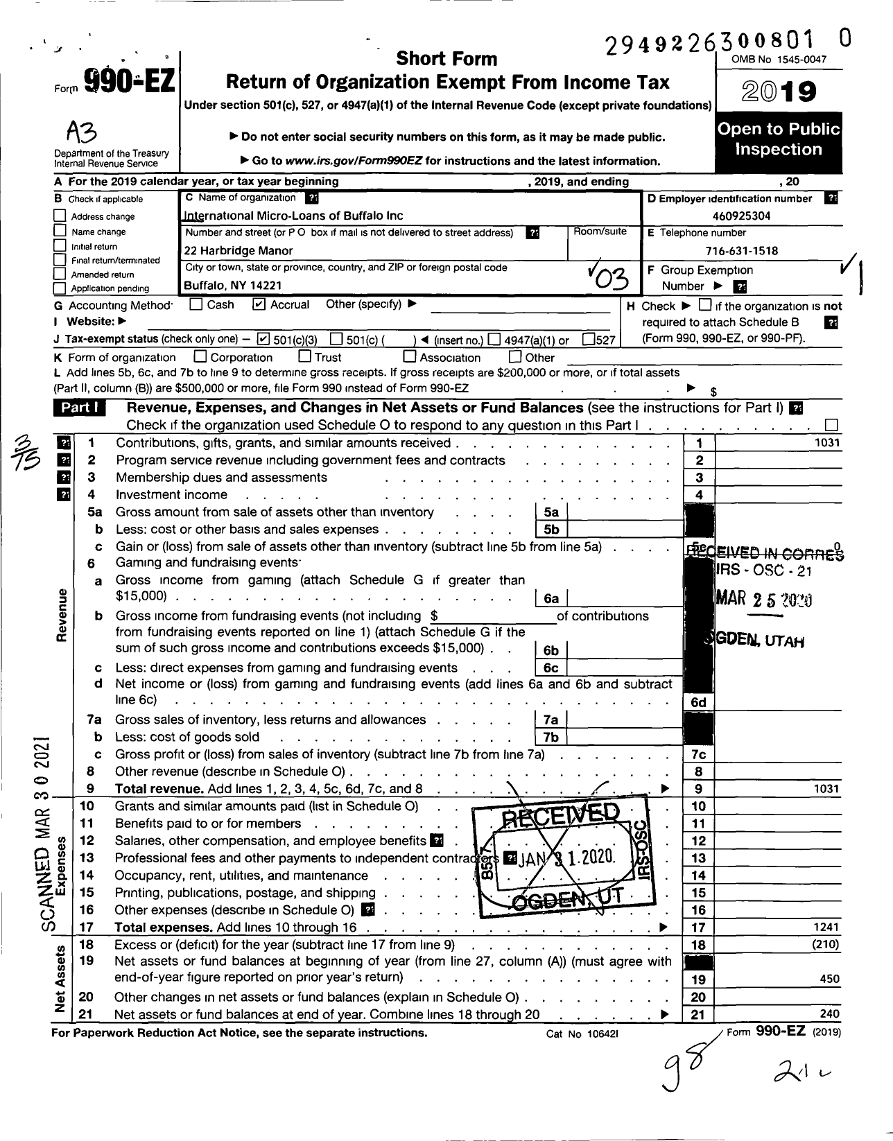 Image of first page of 2019 Form 990EZ for International Micro-Loans of Buffalo
