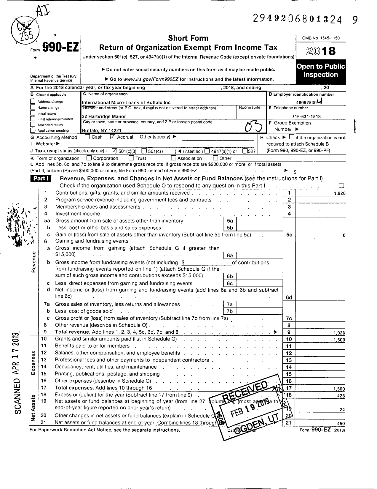 Image of first page of 2018 Form 990EZ for International Micro-Loans of Buffalo