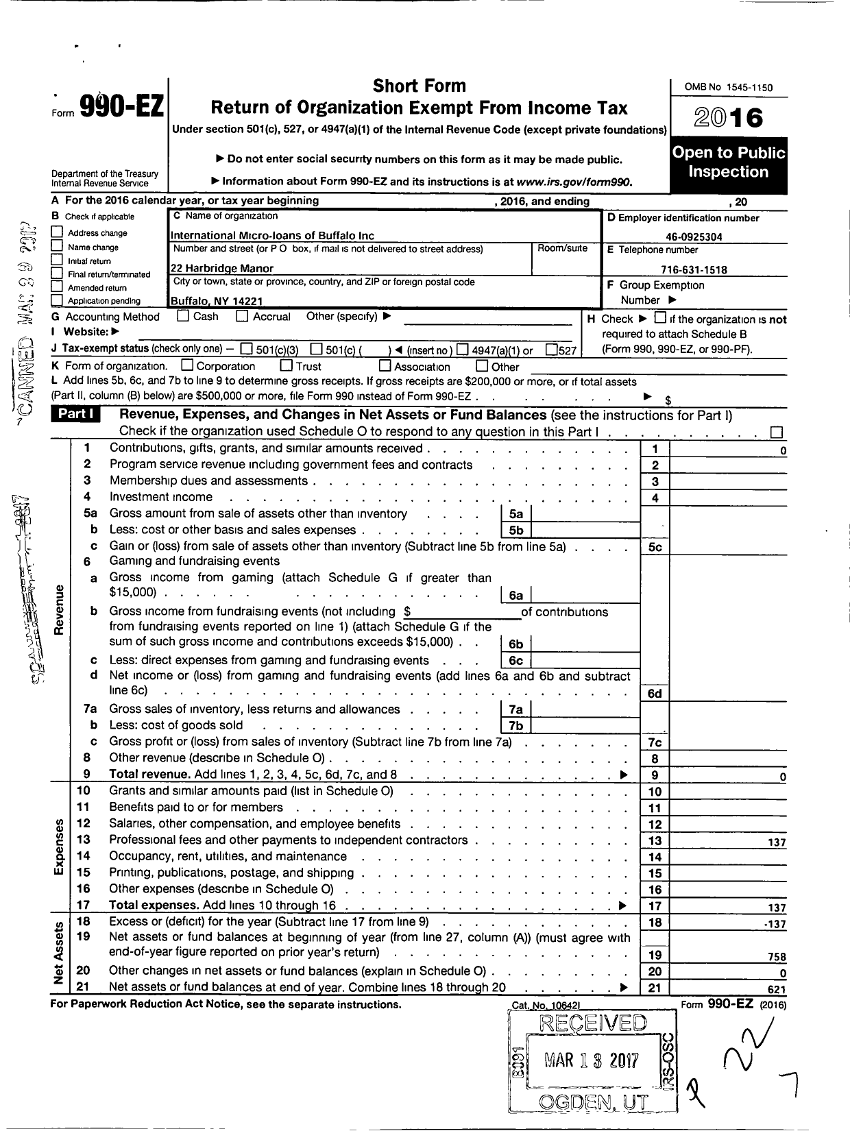 Image of first page of 2016 Form 990EO for International Micro-Loans of Buffalo