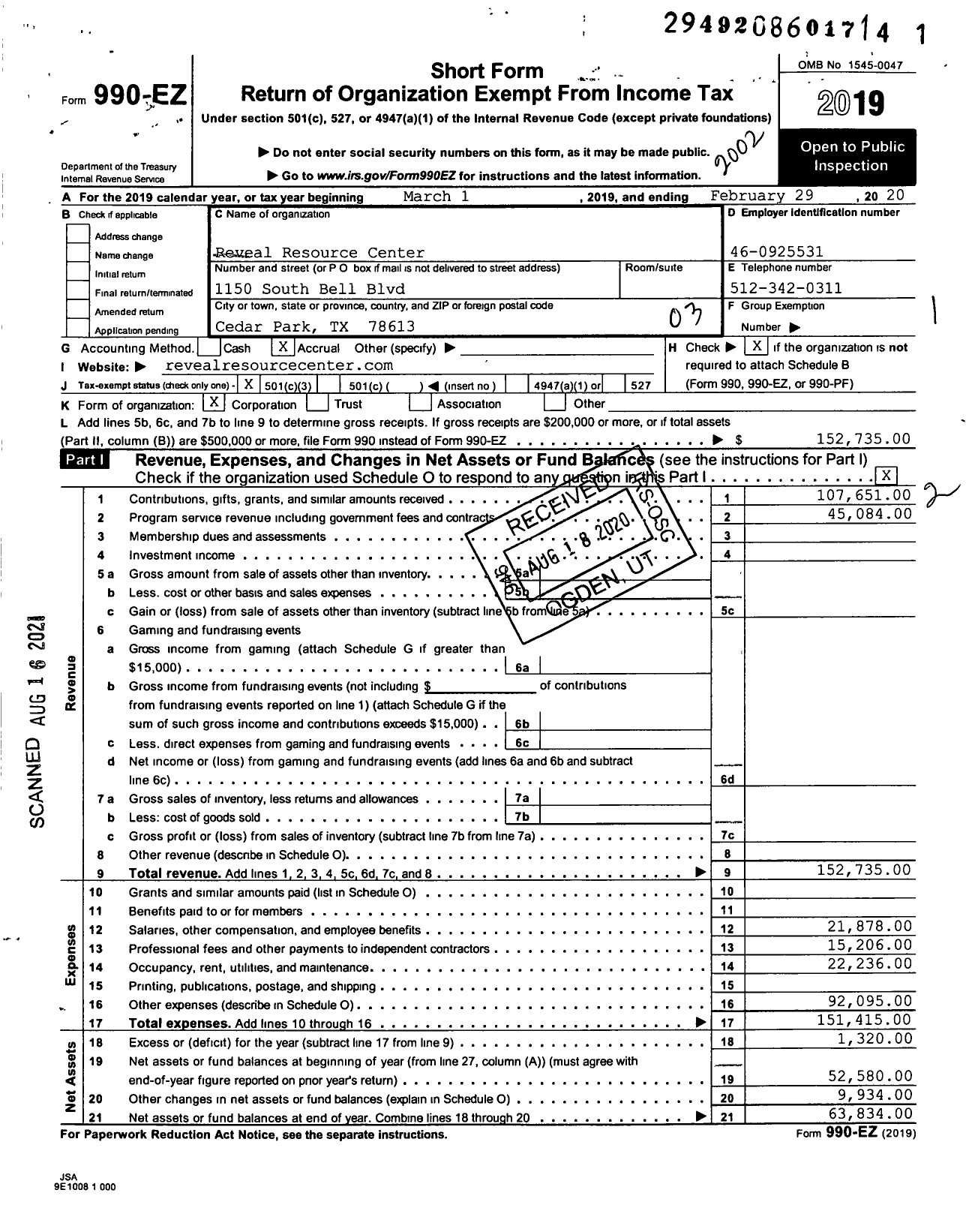 Image of first page of 2019 Form 990EZ for Reveal Resource Center