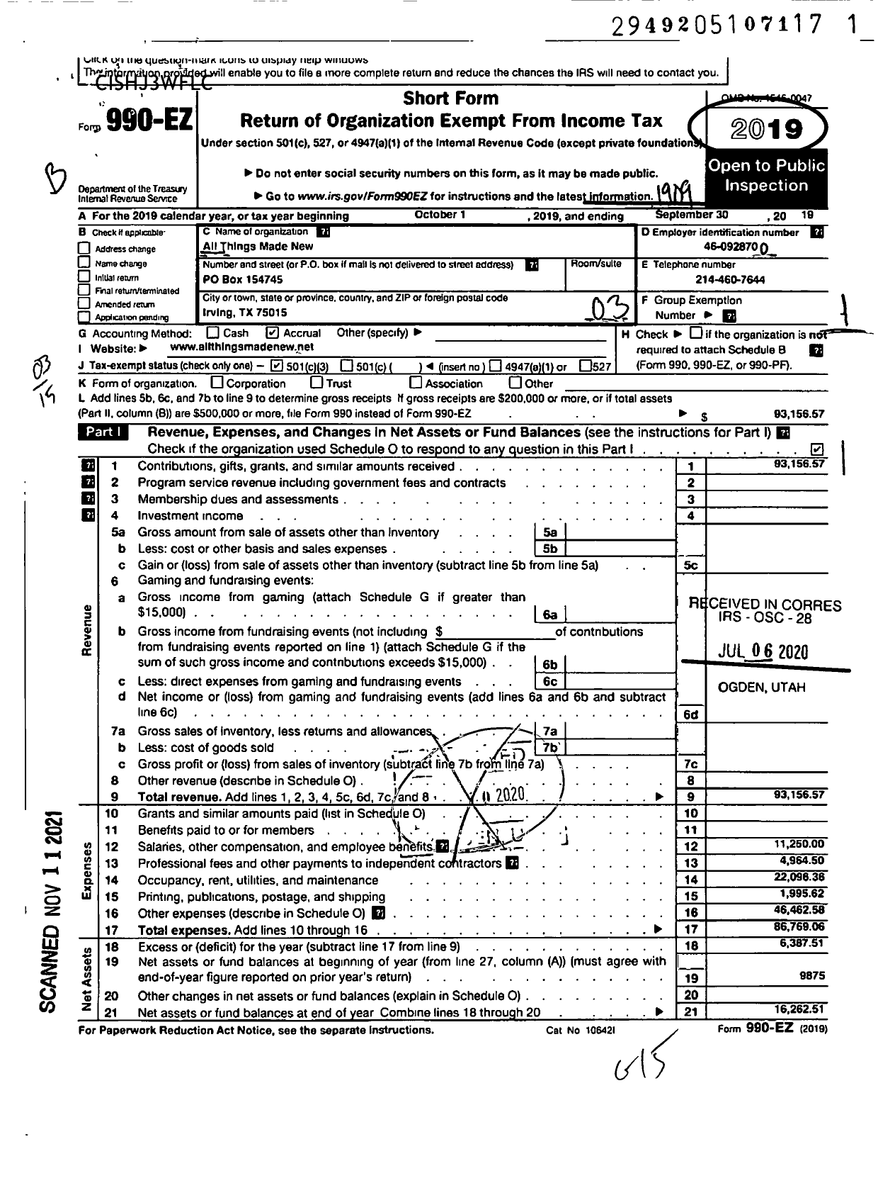 Image of first page of 2018 Form 990EZ for All Things Made New