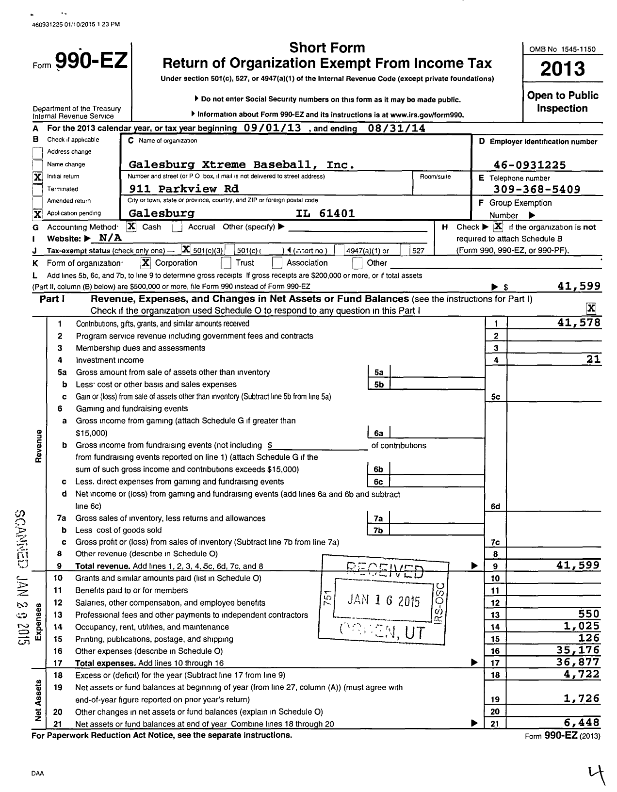 Image of first page of 2013 Form 990EZ for Xtreme Baseball