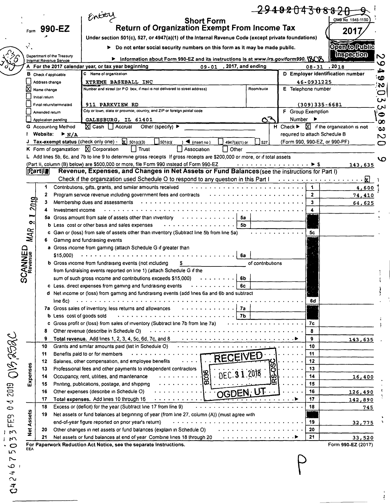 Image of first page of 2017 Form 990EZ for Xtreme Baseball