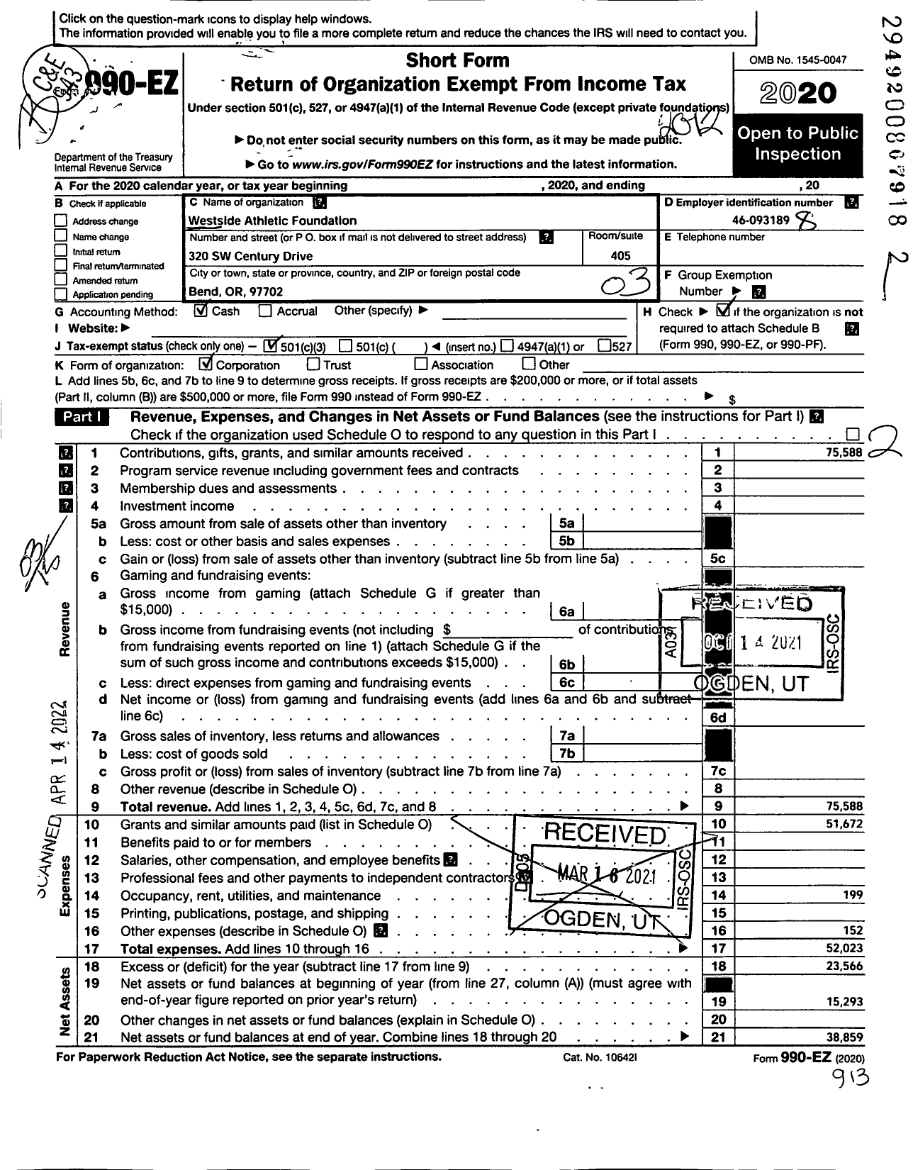 Image of first page of 2020 Form 990EZ for Westside Athletic Foundation