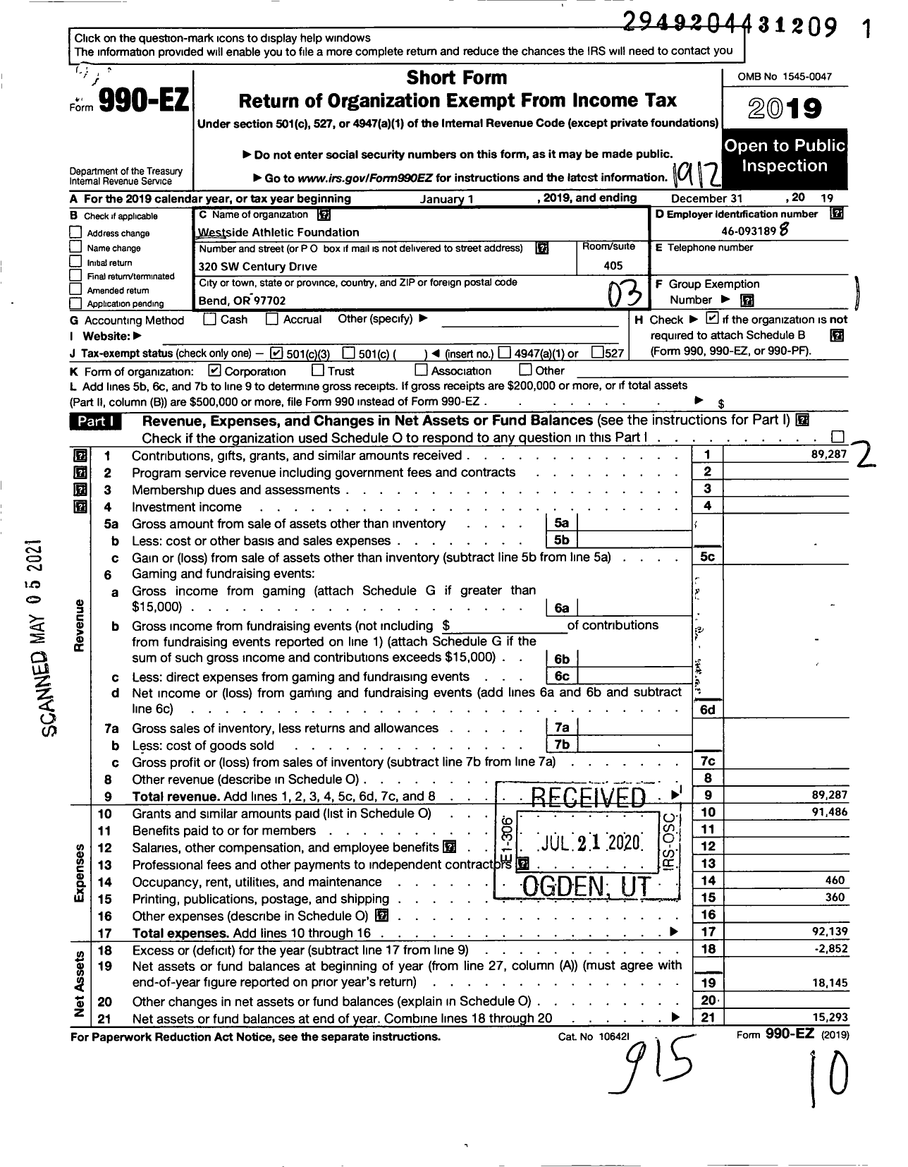 Image of first page of 2019 Form 990EZ for Westside Athletic Foundation