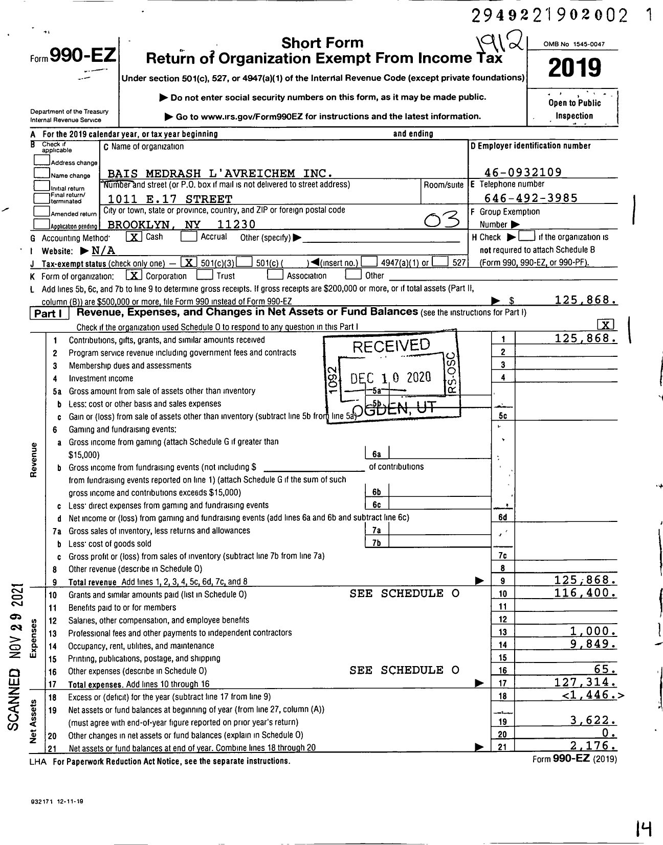 Image of first page of 2019 Form 990EZ for Bais Medrash L'avreichem