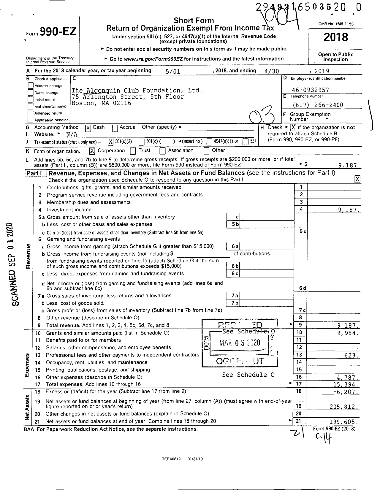 Image of first page of 2018 Form 990EZ for The Algonquin Club Foundation