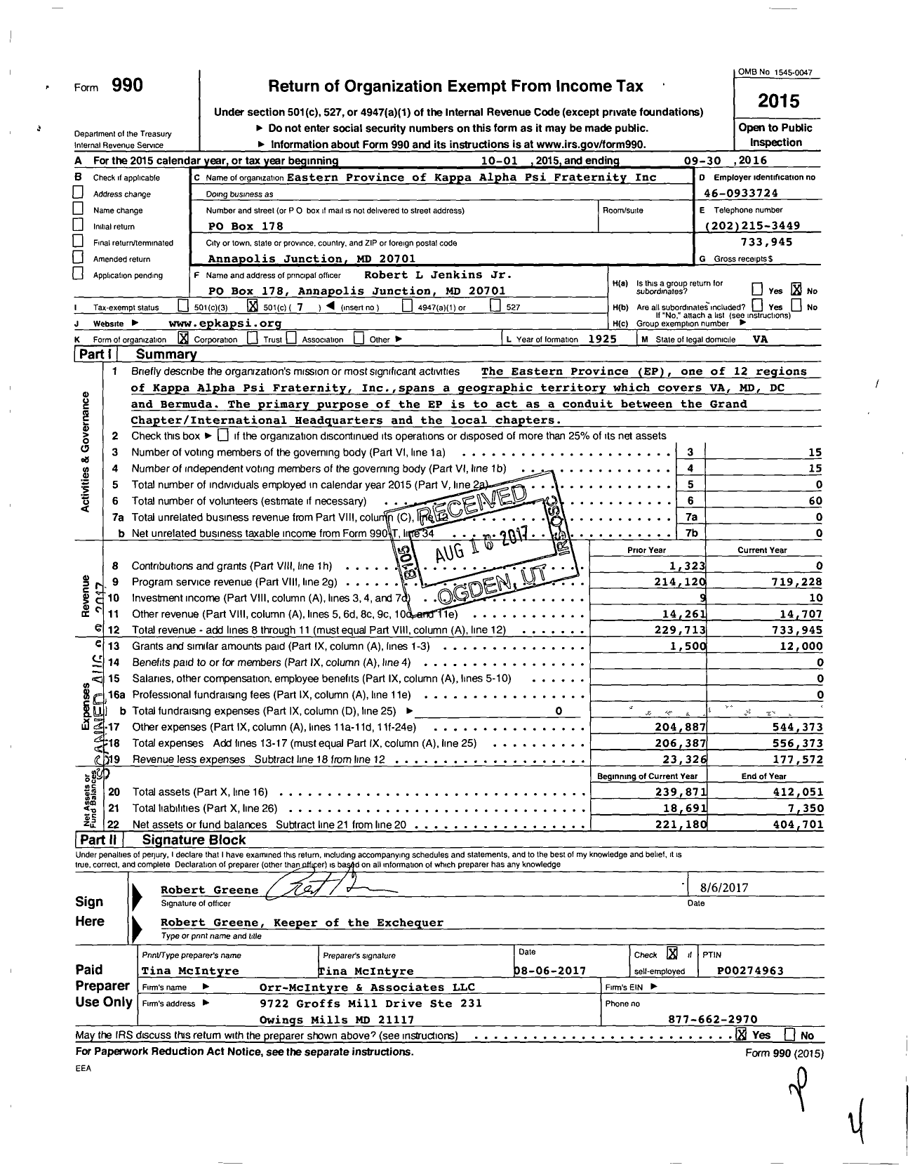 Image of first page of 2015 Form 990O for Eastern Province of Kappa Alpha Psi Fraternity