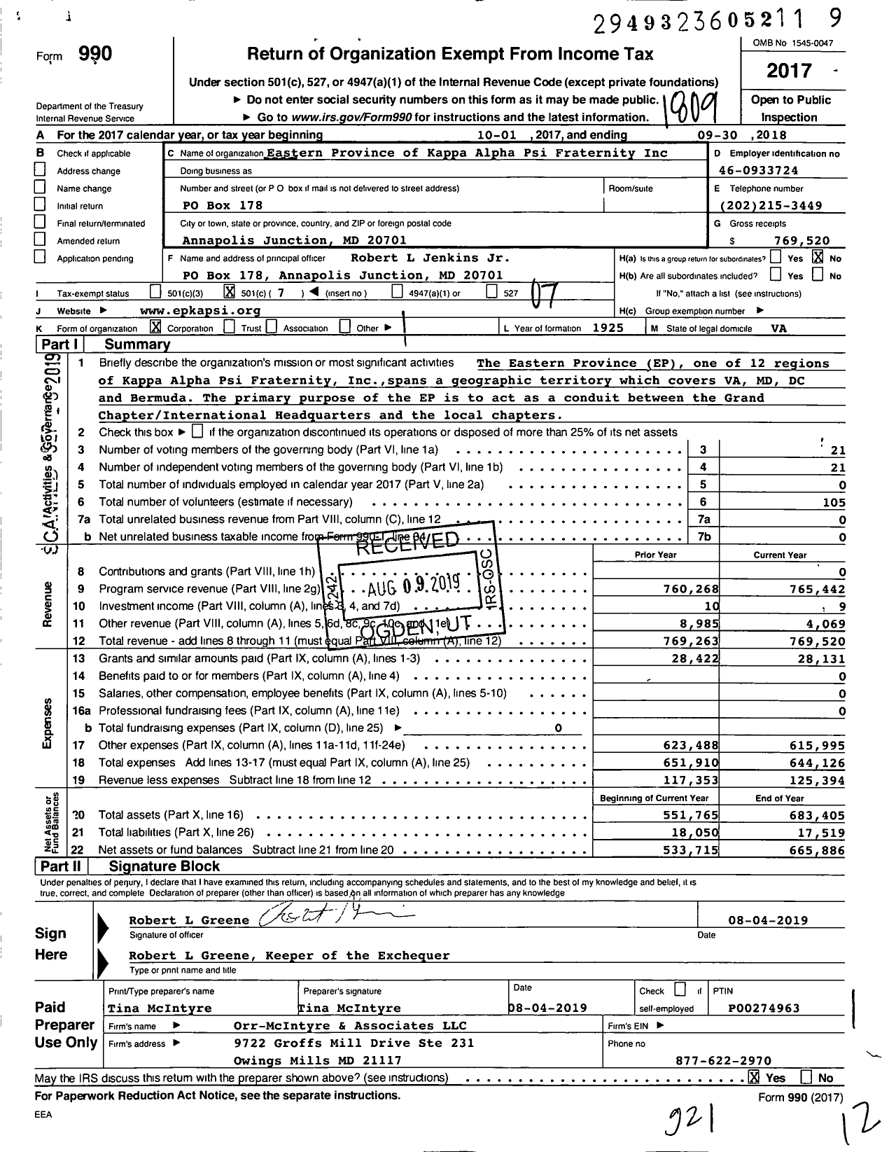 Image of first page of 2017 Form 990O for Eastern Province of Kappa Alpha Psi Fraternity